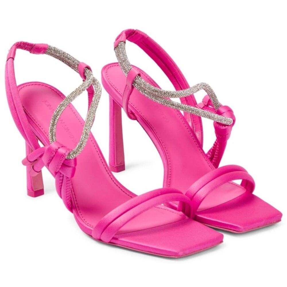 JONATHAN SIMKHAI Cassie Crystal Strappy Heeled Sandal in Pink Punch Size 39